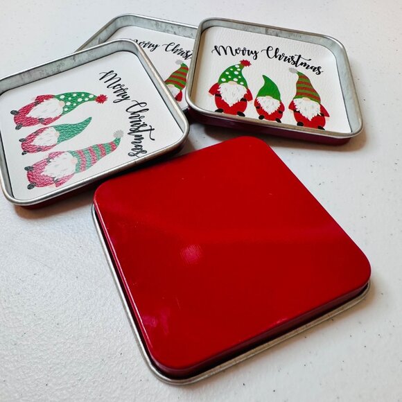 Holiday Christmas Gnome Coaster Set 4 tin coasters plus holder with handle - Picture 9 of 14